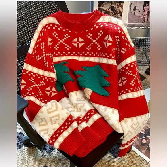 Boutique Sweaters - 579. Christmas Pattern Crew Neck Pullover Sweater, Cute Long Sleeve Sweater Fo